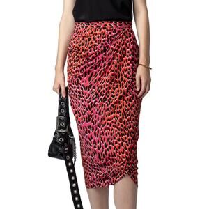 Zadig & Voltaire Skirt 100% Silk Pink Leopard Print Size 42 10 Large NWT